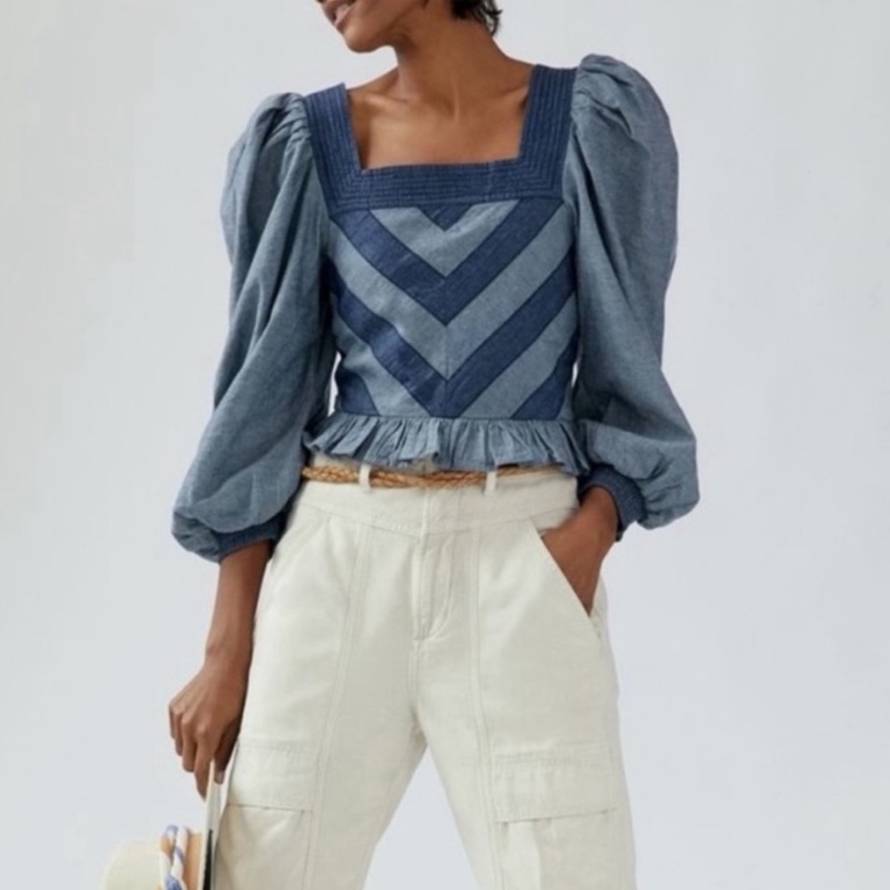 Anthropologie Love the Label Denim Smocked Peplum long sleeve top